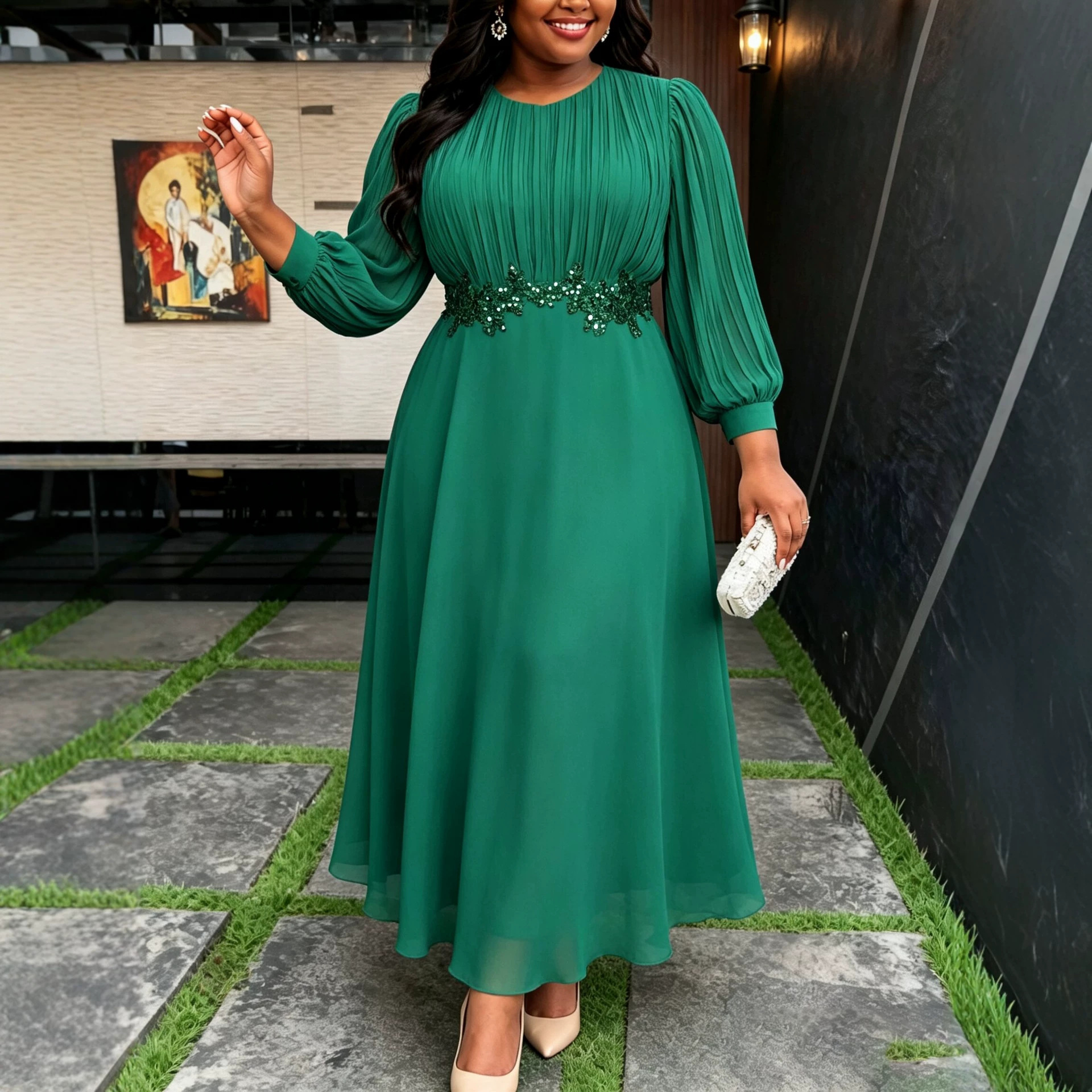 Robe plissée élégante en mousseline pour femme africaine, col en V, manches bouffantes, appliques florales, taille ajustée, pour mariages, fêtes, événements religieux