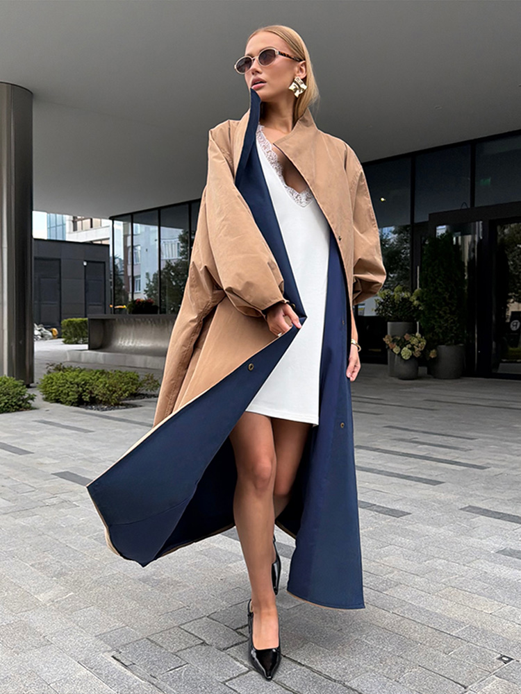 Manteau Trench Chic Effet Froissé Col Montant Manches Lanterne Amples Tissu Imperméable Anti-Plis Automne 2026 Manteaux Quotidiens pour Femme