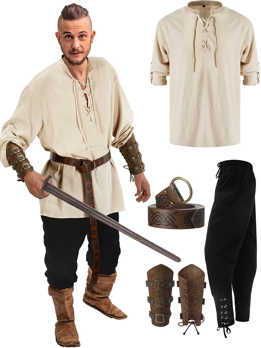 Pantalon rétro Vintage médiéval Renaissance, tenues, ceinture de taille, chemise, protège-bras, Costume de Cosplay Pirate pour hommes, Halloween