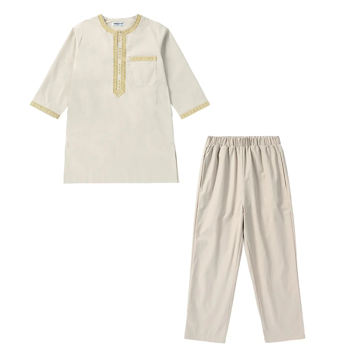 Robe musulmane pour enfants, ensemble 2 pièces, col rond, manches longues, robe imprimée, chemise, Abaya, Kaftan, Jubba, Thobe, vêtements islamiques