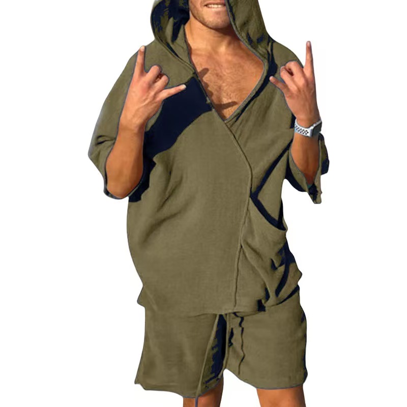 Ensemble deux pièces pour hommes, sweat à capuche à manches courtes, T-Shirt et Short à col en v, costumes de maison amples, tenues irrégulières solides pour hommes, vêtements d'été