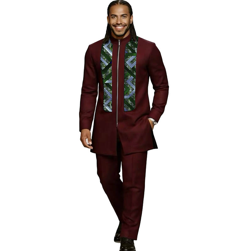 Costume bordeaux élastique pour homme, ensemble de couture africaine, haut à manches longues avec pantalon, costume de scène de mode nigériane