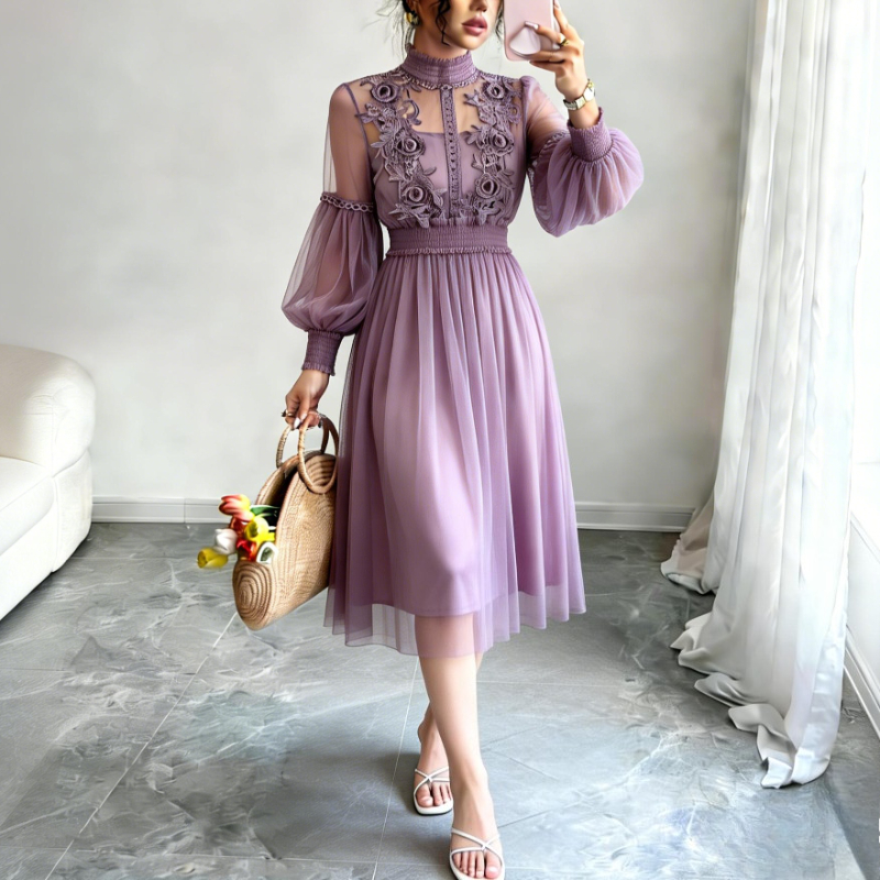 Robe midi en tulle rose poudré pour femme, col montant, broderie florale 3D, manches bouffantes, taille smockée, élégante pour soirée ou invitée de mariage