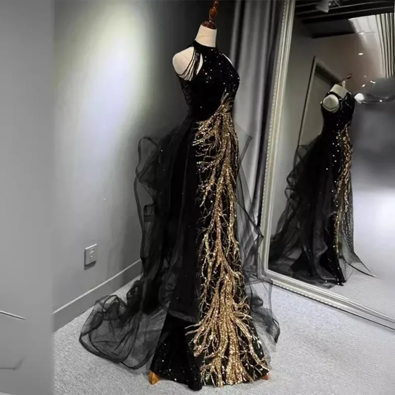 Femmes robes de soirée noir sens avancé mince tempérament célébrité hôte cou queue de poisson jupe mariage Toast robe pour femme