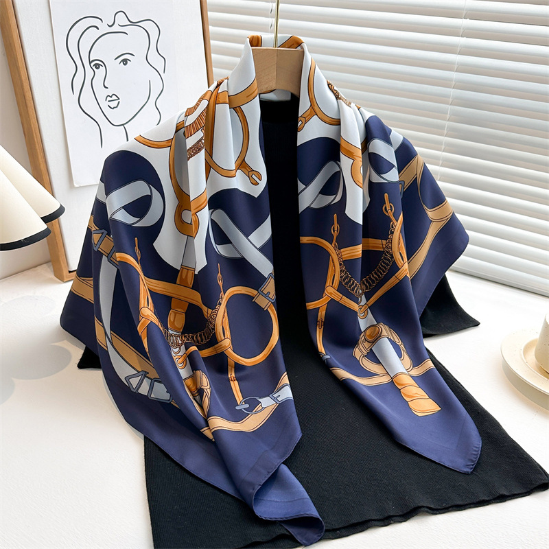 Nouvelle Écharpe Carrée Imprimée de 90 cm pour Femme, Foulard en Soie Sergée Printemps-Automne, Châle et Hijab de Luxe