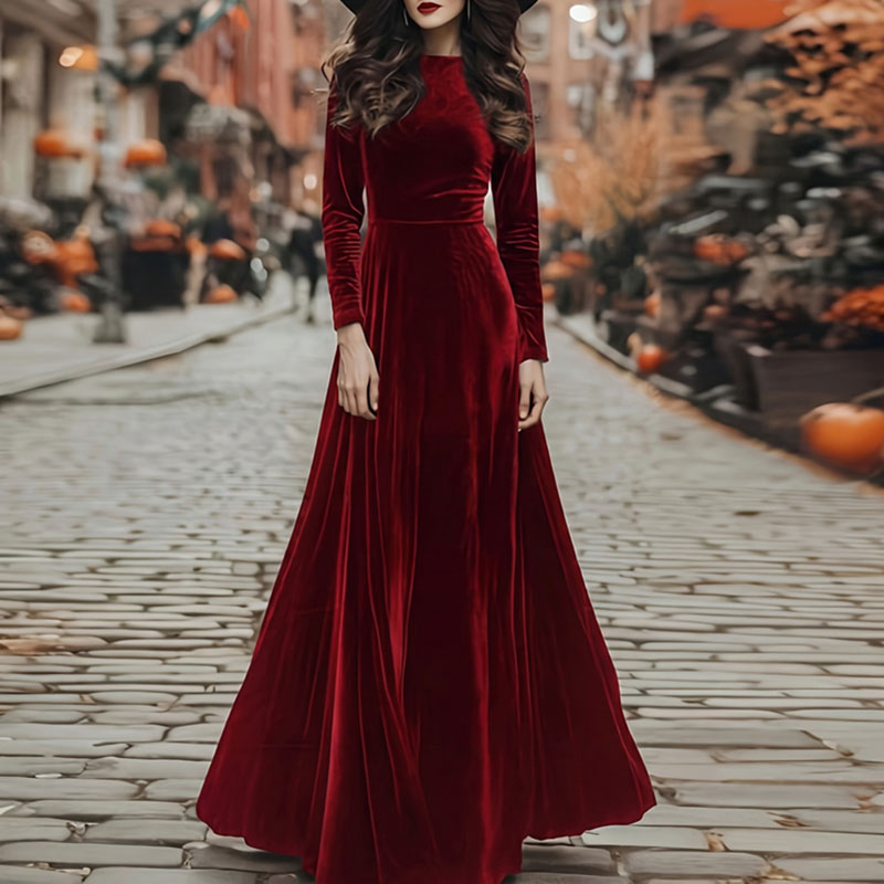 Robe longue élégante en velours coupe A-line pour femmes, col rond, manches longues, taille haute, longueur au sol, fluide, robe de soirée unie pour l'automne.