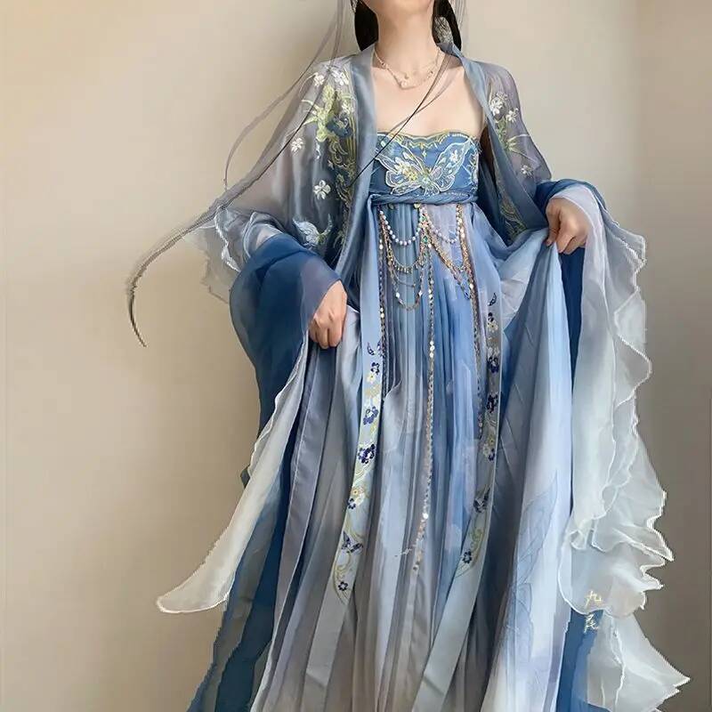 Robe Hanfu brodée bleue pour femmes, style traditionnel chinois, col rond, robe de performance pour filles, nouvelle collection printemps et été pour adultes