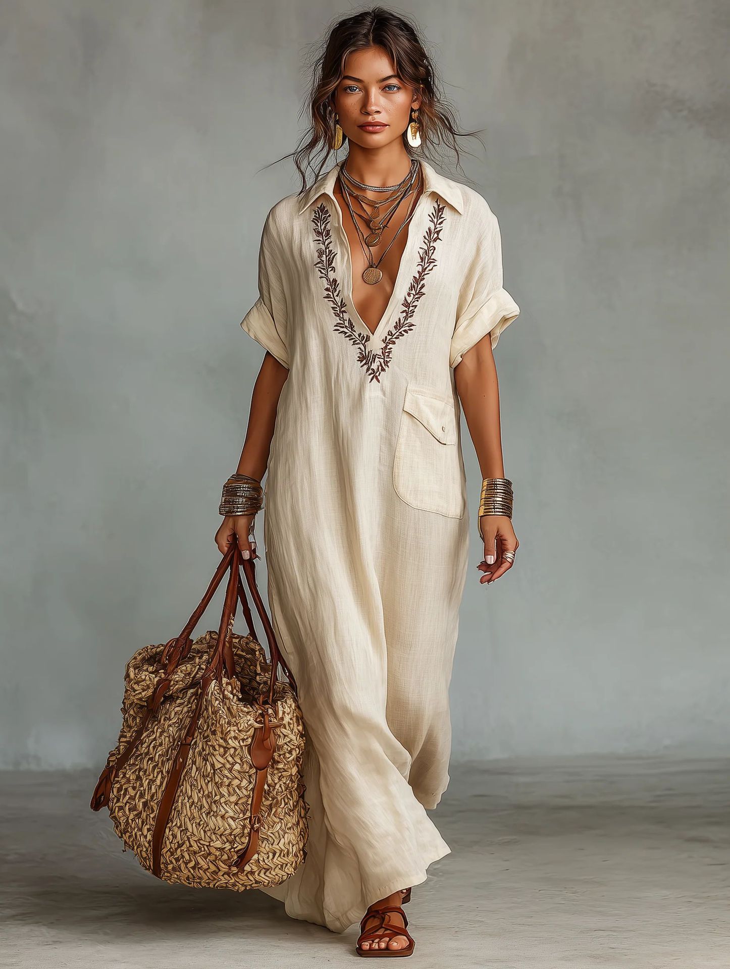 Robe longue en lin mélangé pour femmes, col en V brodé, manches courtes, coupe ample, robe à poches, style décontracté bohème, vacances d'été à la plage, kaftan