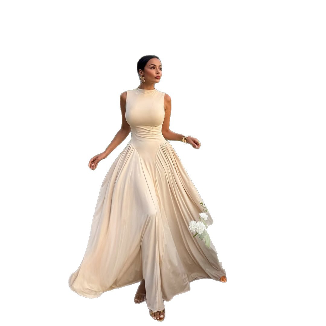 Robe de soirée élégante et fine, couleur unie, col rond, sans manches, longue, tempérament féminin, soirée, bal, banquet, vestidos