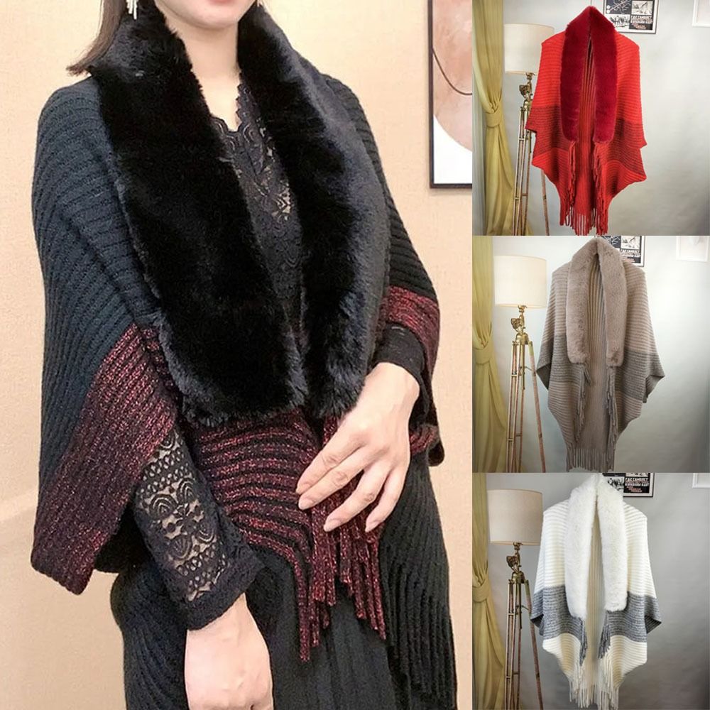 Cape Cardigan à la mode, col en fausse fourrure, enveloppes en peluche, châle tricoté, chaud pour l'hiver
