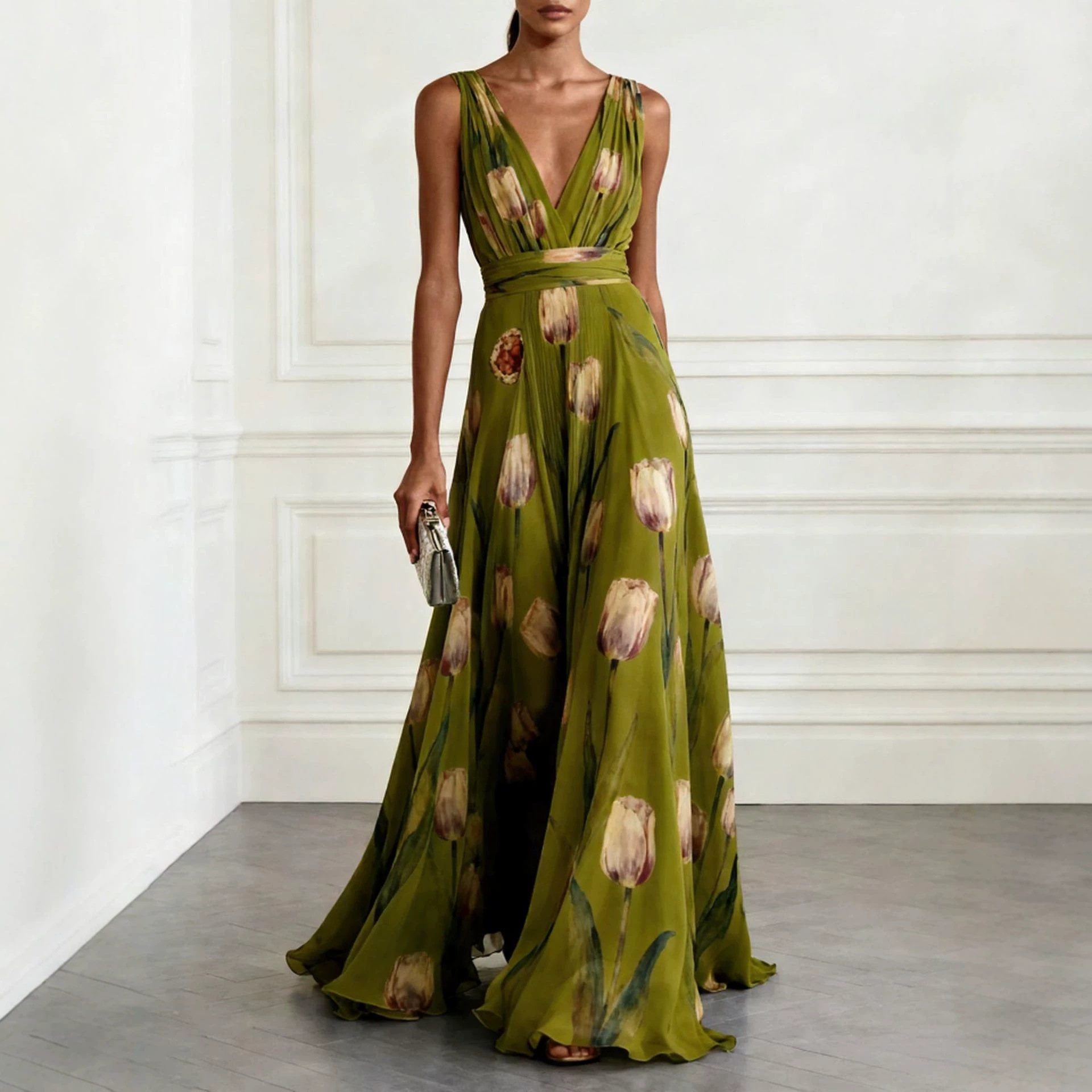 Robes pour femmes 2026 Nouvelle robe de soirée à imprimé tulipes sans manches col en V longue robe vêtements pour femmes vestidoes