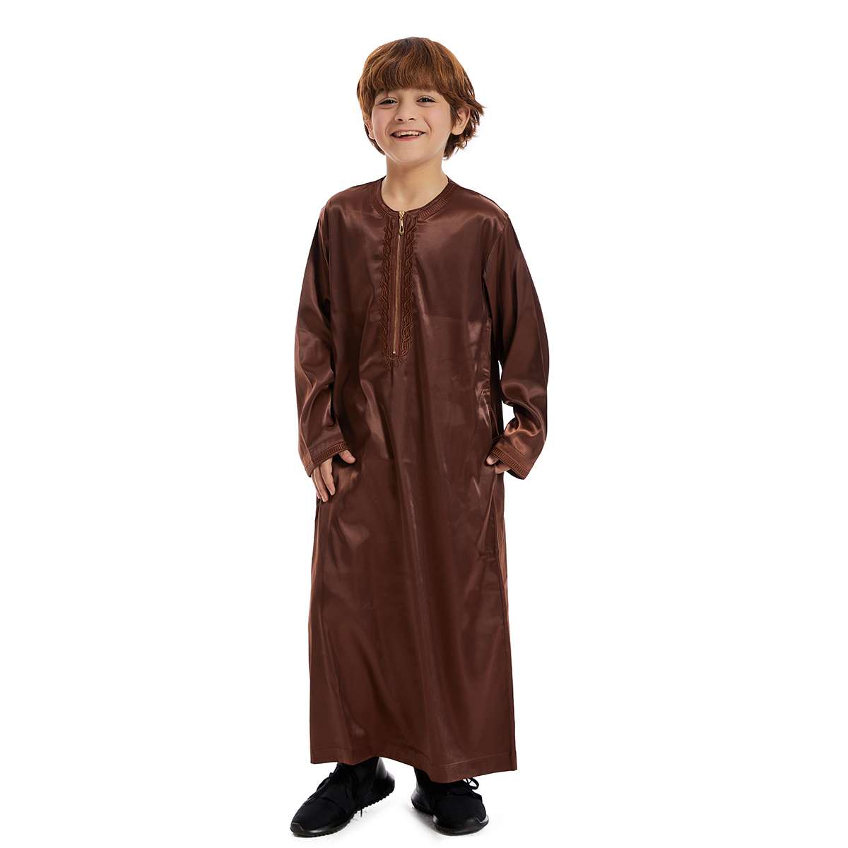 Abaya-Robe longue pour enfants musulmans, pour Ramadan, Jubba, Thobe de prière, pour garçons, caftan islamique, col rond, pour caftan, dubaï, arabe