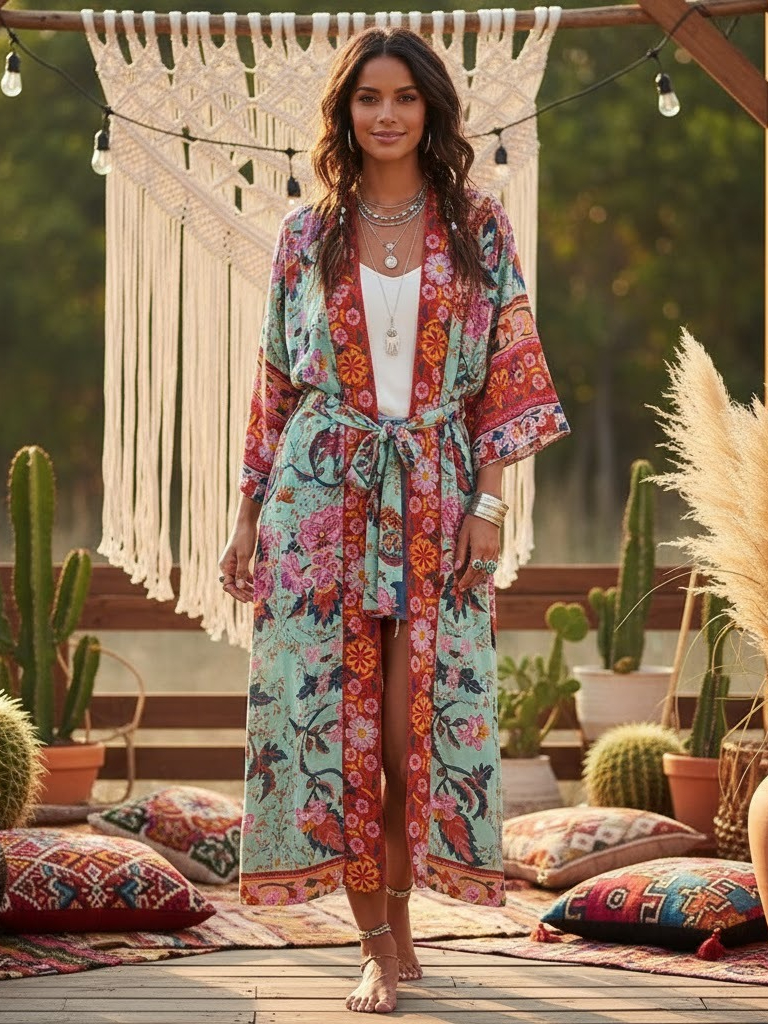 Boho Queens femmes paon imprimé manches chauve-souris plage bohème Kimono Robe dames col en V gland été Happie Bikini couvertures