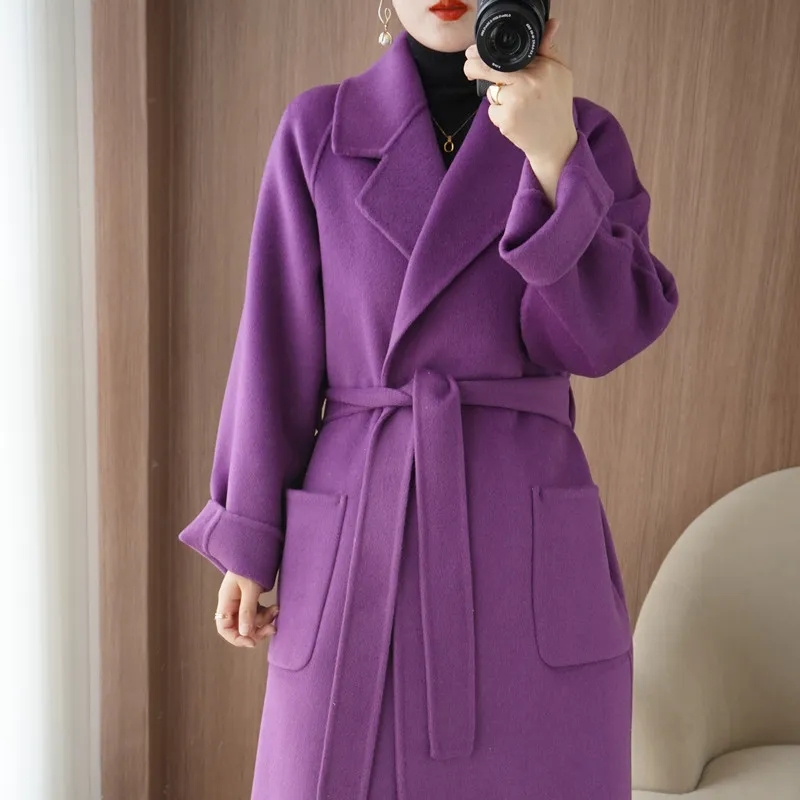 Manteau 100 % Laine pour Femme, Collection Automne/Hiver 2026, Tendance et Élégant, Manteau Long en Cachemire Double Face avec Ceinture