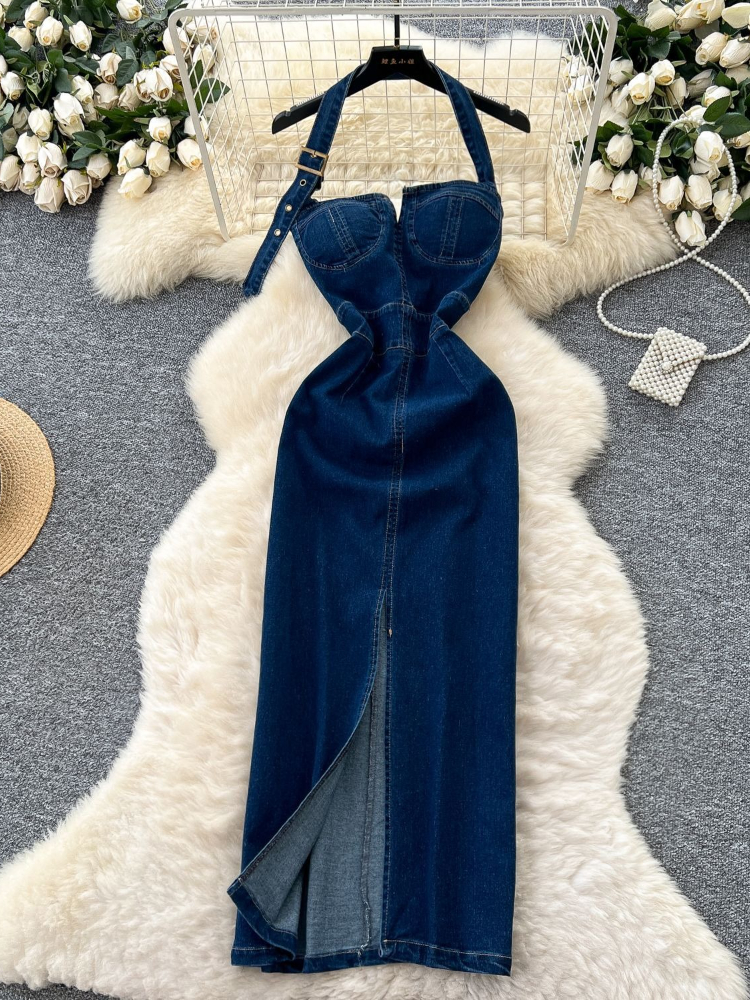 Robe longue en Denim pour femmes, Sexy, col licou, écharpe, Streetwear, portefeuille, hanche, sans manches, épissure élégante, Y2k, soirée, 2025