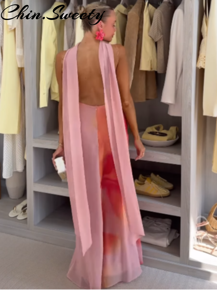 Sexy dégradé imprimé écharpe fronde longue robe femmes fête vacances sans manches dos nu femme robe de soirée 2025 dame robes
