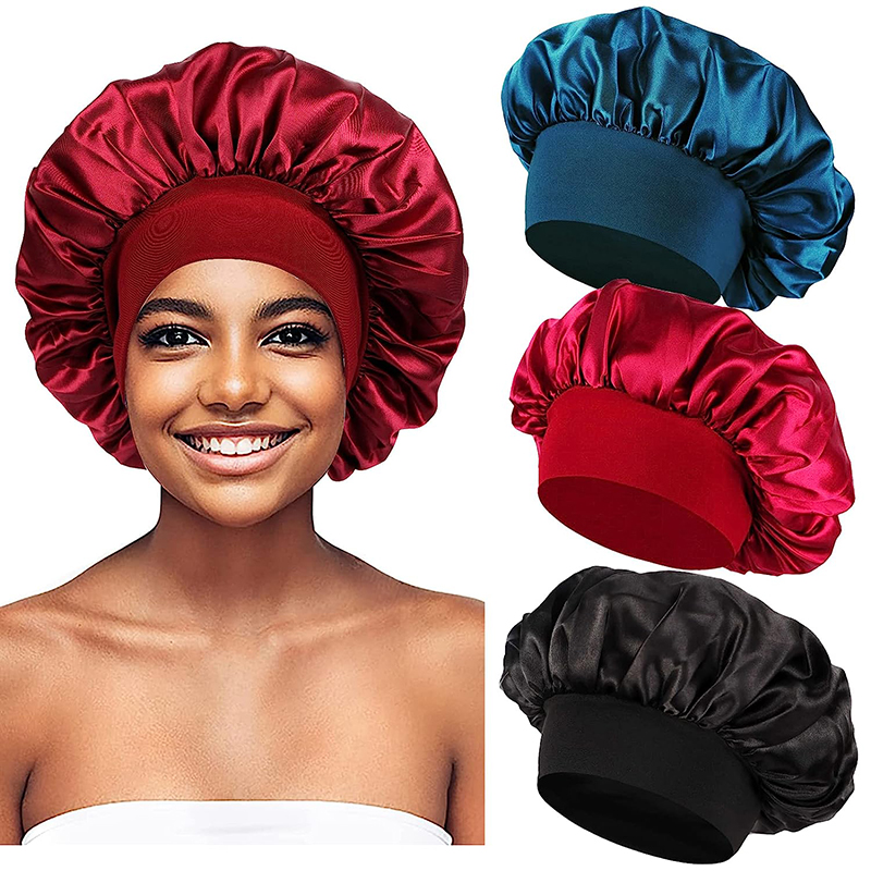 Bonnet de nuit unisexe à bande élastique, 3 pièces/lot, Bonnet de bain Extra Large en Satin soyeux, Bonnet de sommeil pour bouclé et élastique