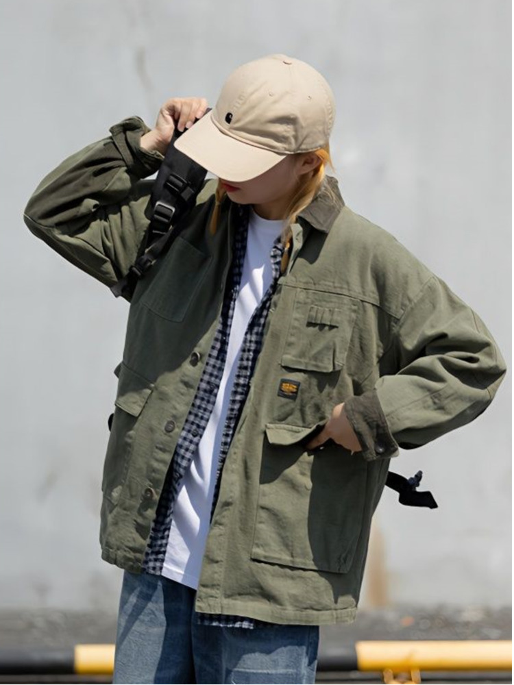 Veste fine cargo vert armée style streetwear japonais pour hommes et femmes, chemise-manteau Harajuku, vêtement militaire décontracté tendance, tenue de travail printemps