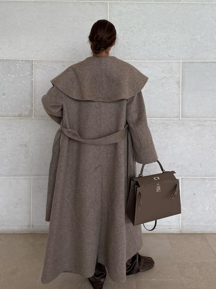 Manteau en laine à col Cape pour femme, élégant, mode, manches longues, ceinture, taille longue, automne hiver, vêtements d'extérieur chics, 2025
