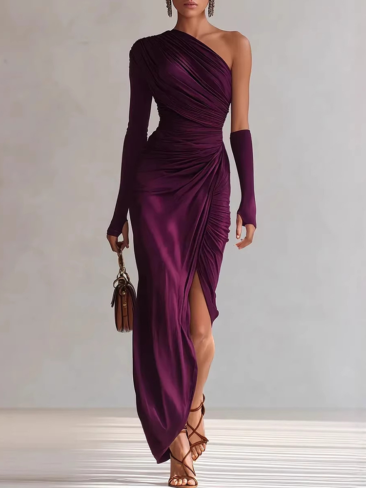Robe longue unie à col asymétrique Printemps-Été, Robe de soirée asymétrique pour femme, Robe élégante patchwork pour femme 2026
