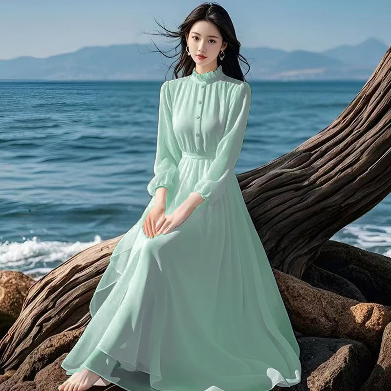 Printemps été femmes robe 2025 nouveau bohème plage longues robes en mousseline de soie dames élégantes manches longues robe d'été mince dames robes