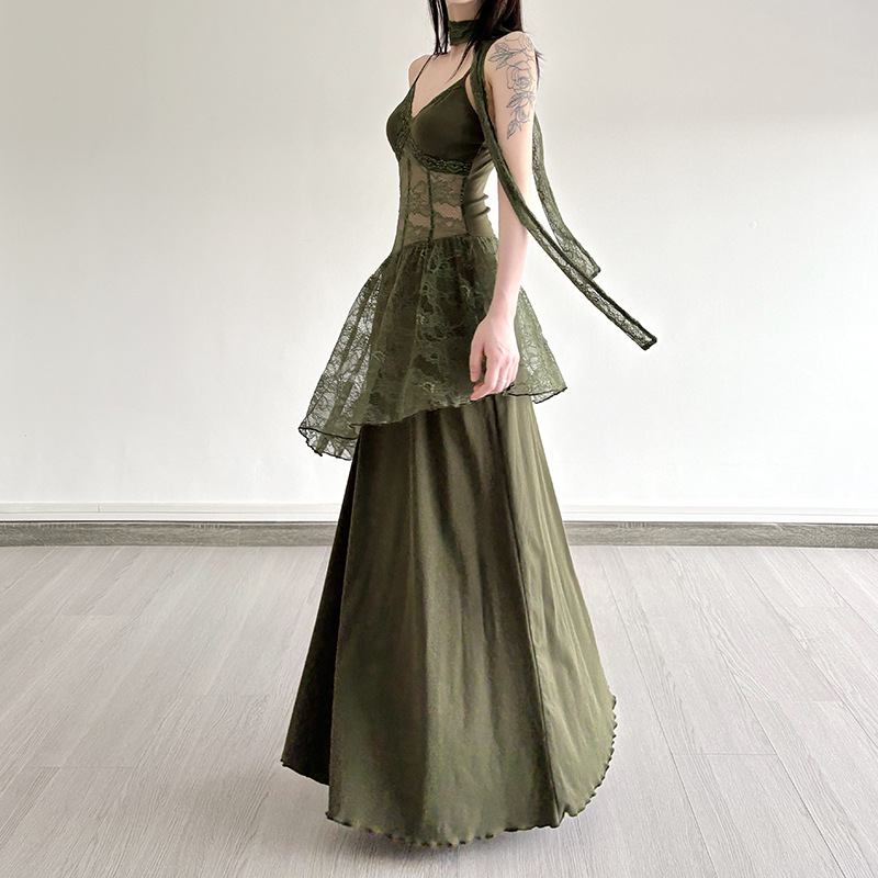 Robe Vintage Style Forêt en Dentelle Patchwork pour Femme, Transparente, à Bretelles, Taille Cintrée, Douce, Mode Coréenne