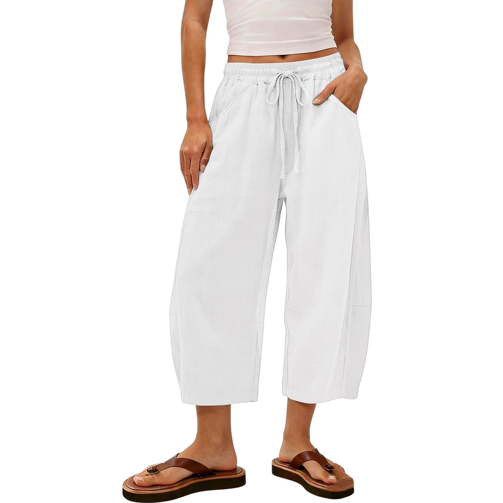 Pantalon Capri ample en coton et lin pour femme, coupe décontractée, taille haute, ourlet incurvé, style coréen, idéal pour le bureau, été