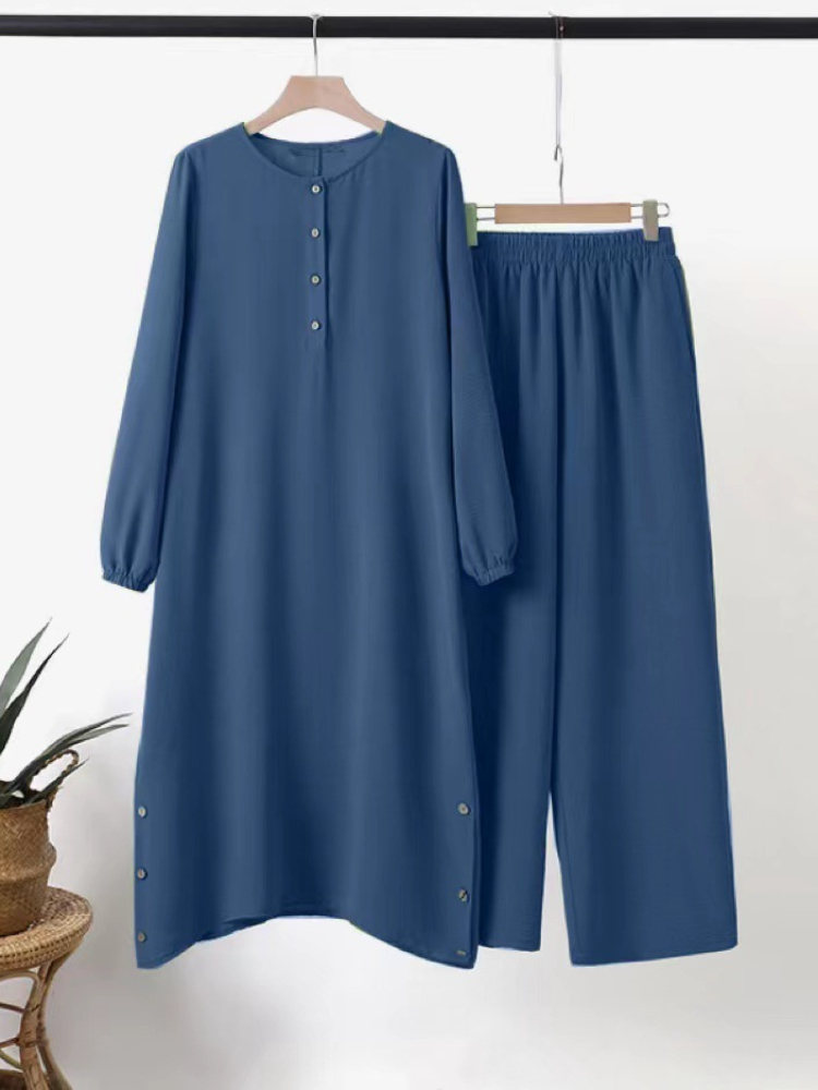 Ensemble deux pièces pour femmes arabes Eid musulmanes, chemisier et pantalon à jambes larges, Ensemble musulman, ceinture, chemise à bouton unique, vêtements modestes du Ramadan