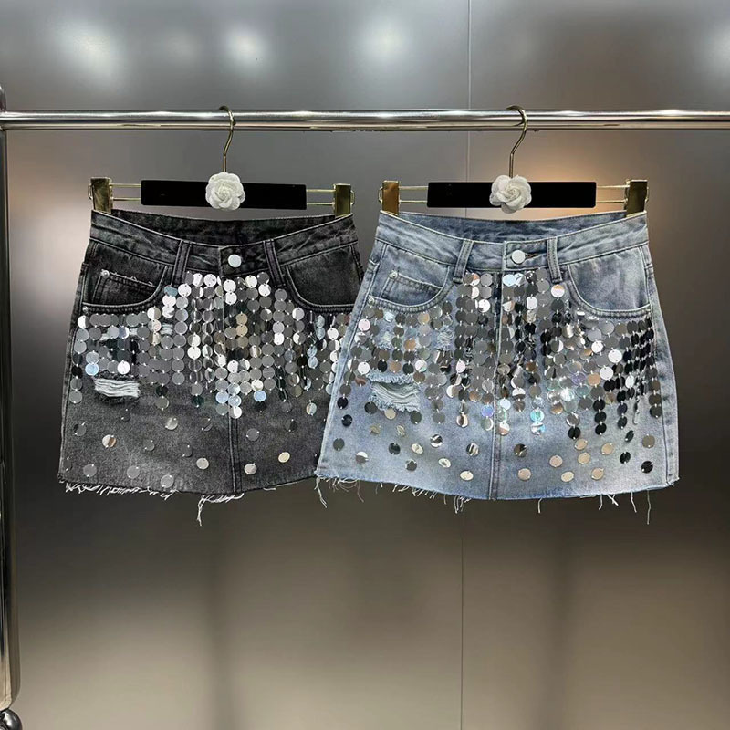 DEAT-Jupe en jean à sequins pour femmes, jupe taille haute, jupe ronde, mode femme, 29L7 clarification, été, nouveaux articles, 2024