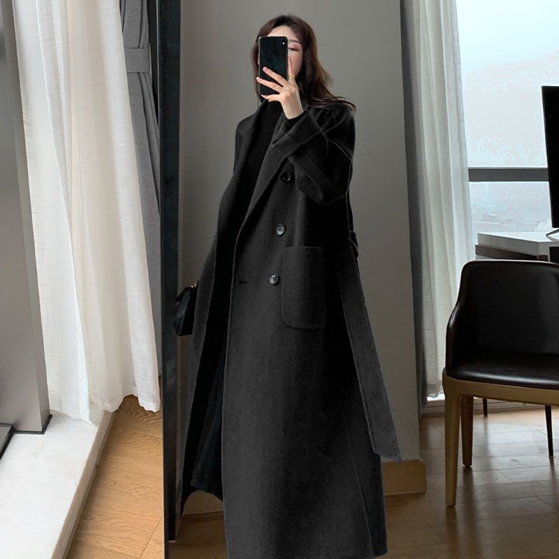 Manteau Trench d'Hiver pour Femme 2026 Nouvelle Mode Coréenne Décontractée en Laine Bleu Marine avec Lacets Longue Veste Noire pour Femme avec Ceinture