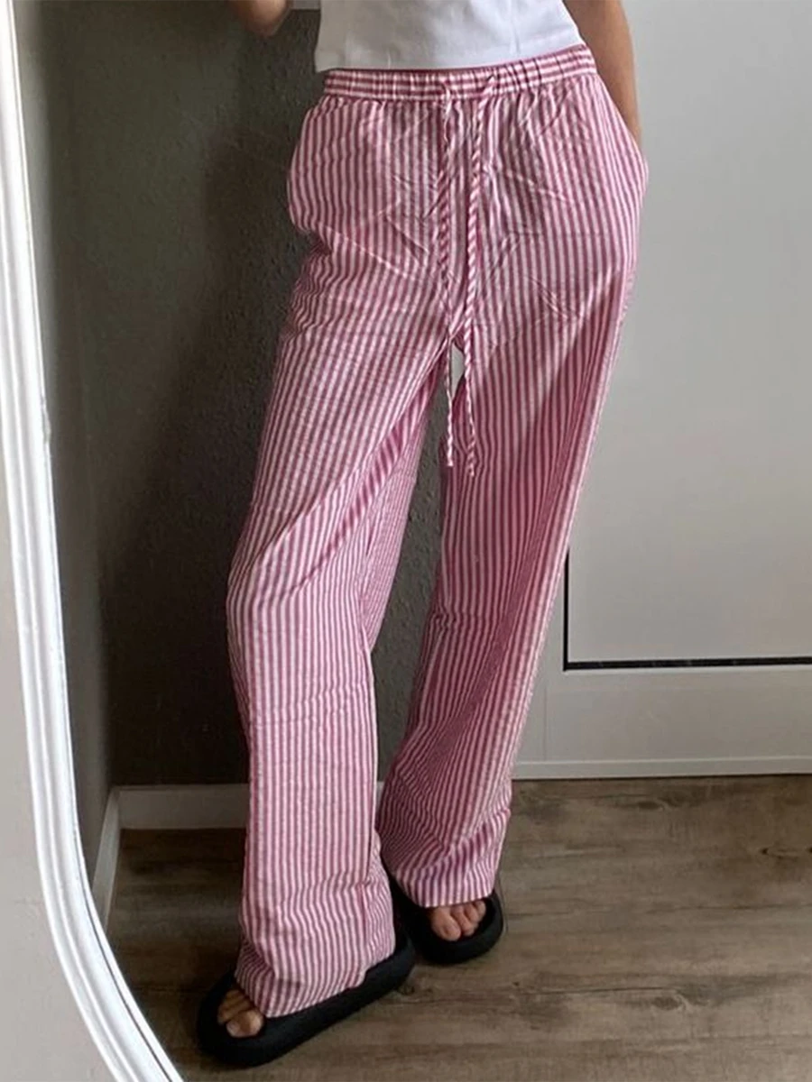 Pantalon décontracté à imprimé rayé pour femme, taille élastique, pantalon droit avec poches, bas de sommeil, vêtements de maison coréens