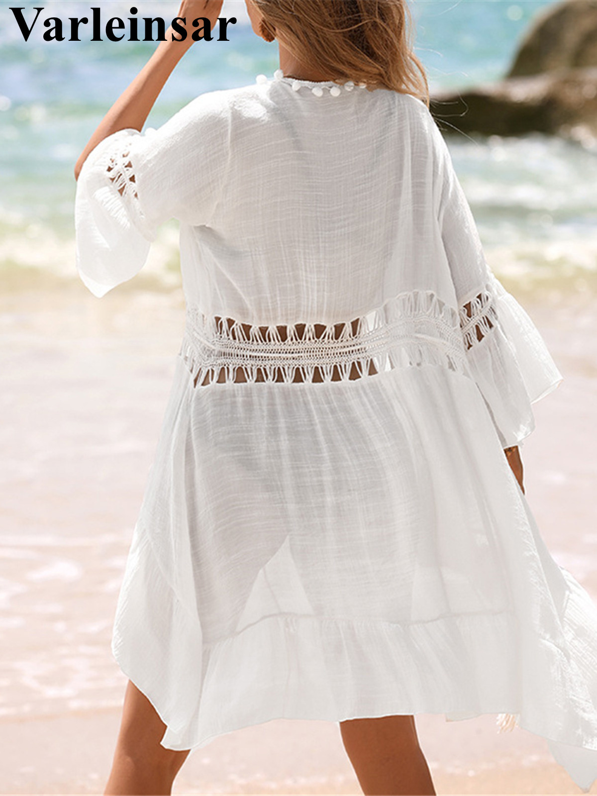 Col en V demi manches épissage Crochet tricoté tunique plage couvrir couverture robe de plage vêtements de plage maillots de bain femmes V7660