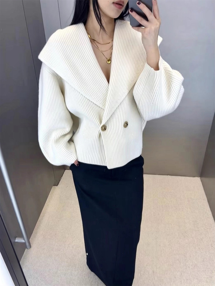 Cardigan en tricot mélangé de laine à col écharpe pour femme, couleur unie, deux boutons, pull ample pour femme, automne hiver