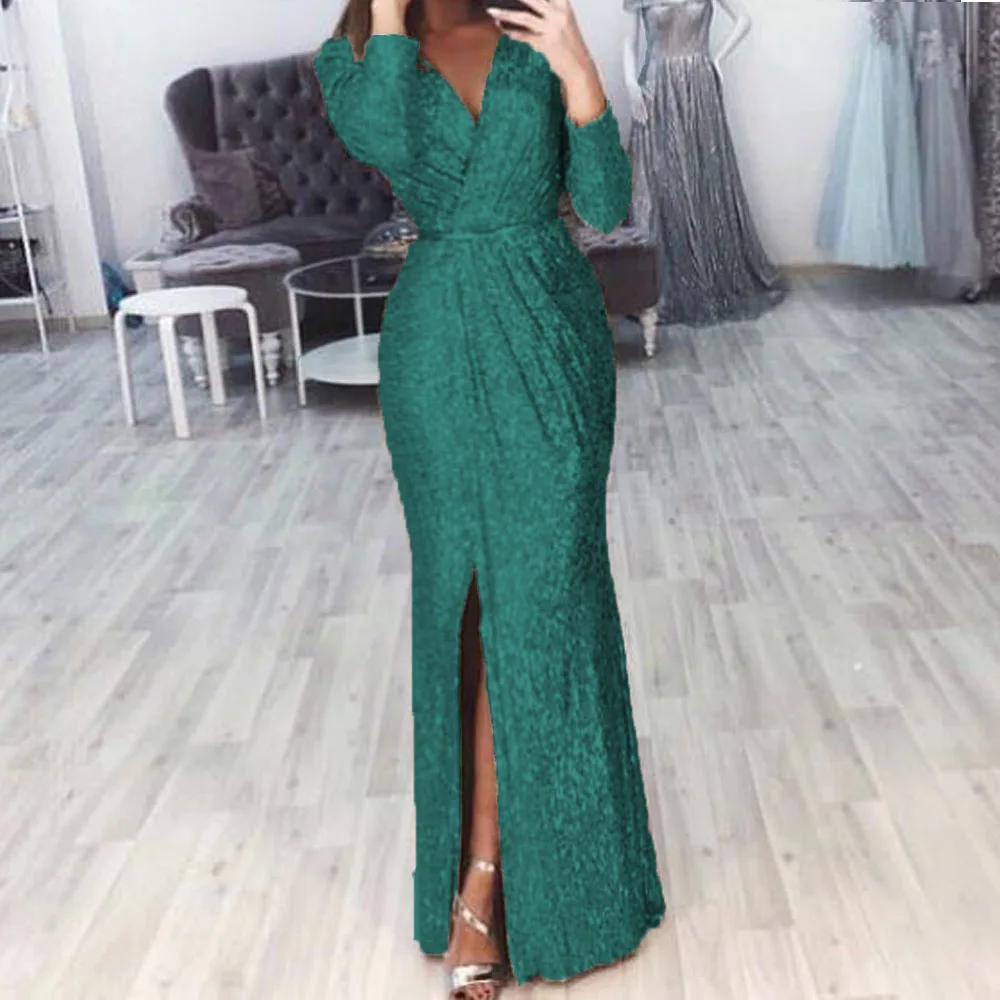 Robe de soirée froncée à paillettes pour femmes, fente haute, à paillettes, décolleté en V profond, manches longues, Sexy, nouvelle collection été 2023
