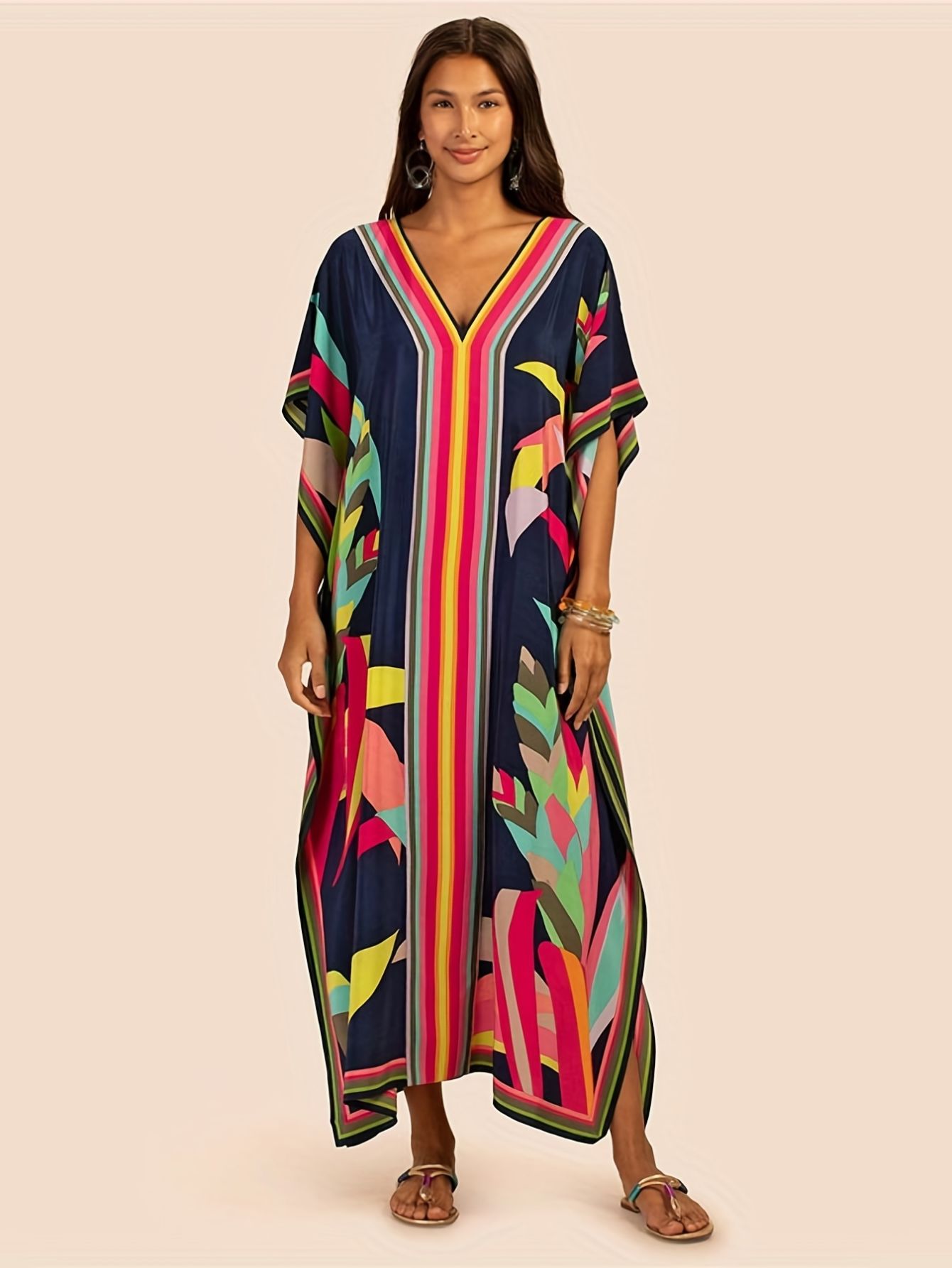 Robes Kaftan pour Femmes Grandes Tailles, Cache-maillot de bain, Robe à col en V et manches chauve-souris, Coupe ample, Caftan Marocain, Robes Mumu