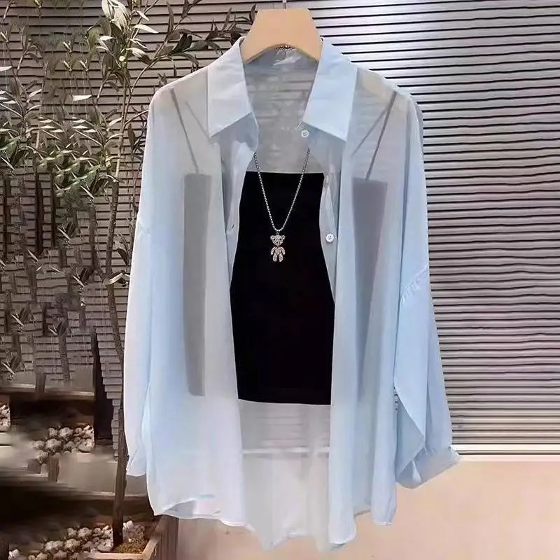 Nouvelle chemise femme |   Léger respirant, couleur unie, patte de boutonnage droite, revers, manches longues, vêtements d'extérieur et protection solaire