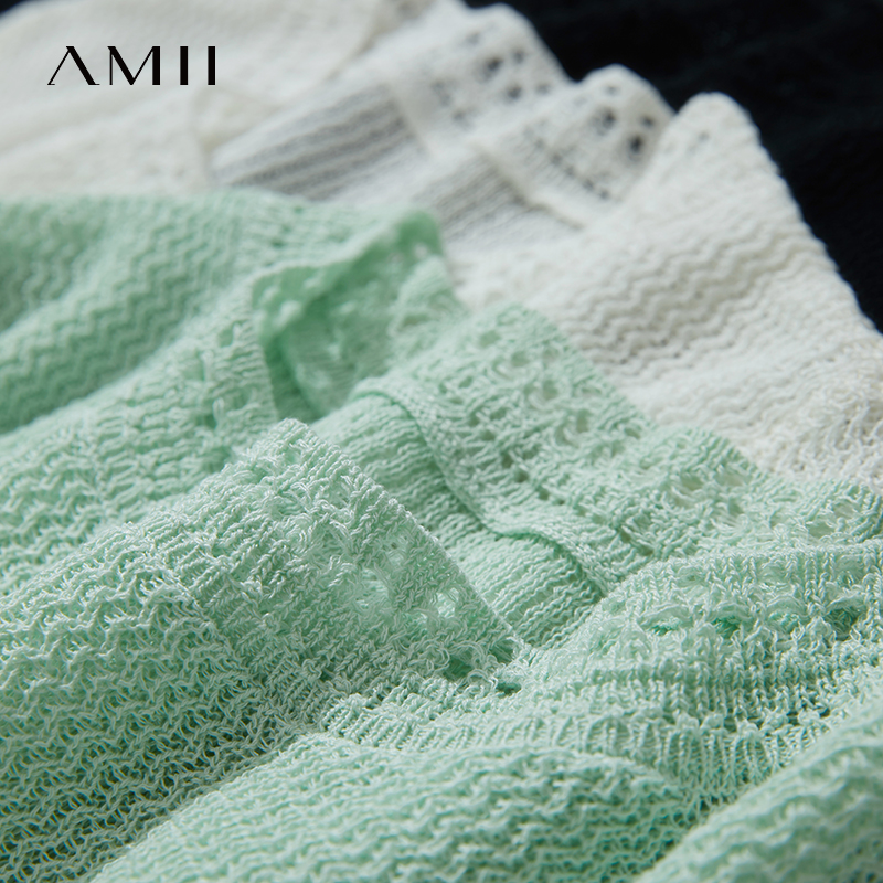 AMII Minimalism Loose Tops Fashion O-Neck Short Sleeve Comfortable Ventilate Green Knitted Sweater Women Clothing 12552106