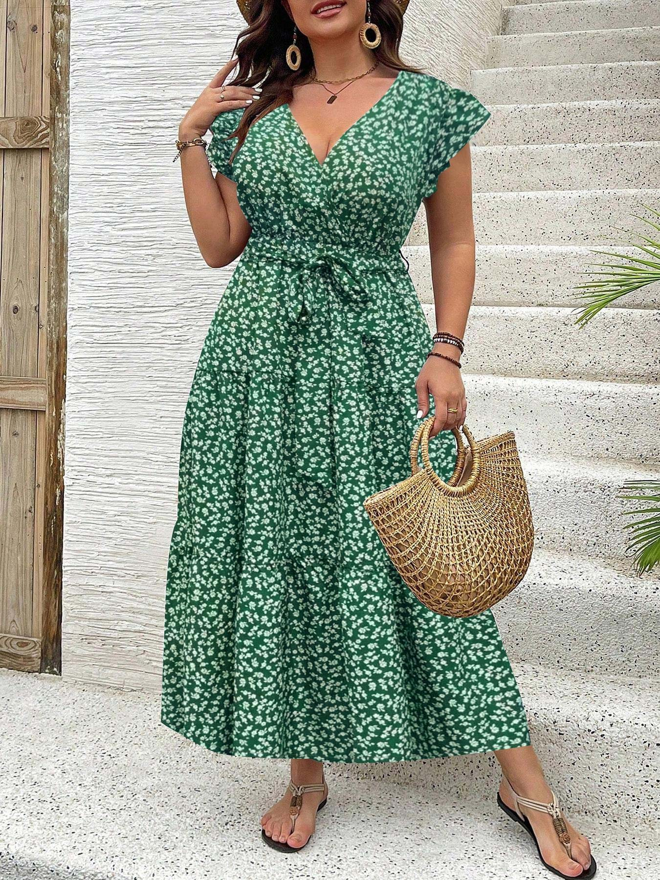 【Taille plus grande】 Robe à imprimé floral, robe décontractée à la mode Boho pour les vacances à la plage, vêtements grande taille pour femmes pour l'été