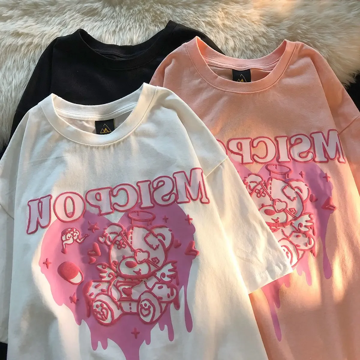 T-shirt Kawaii pour femmes, imprimé ours rose coréen, manches courtes, t-shirt Harajuku pour femmes, vêtements streetwear pour femmes