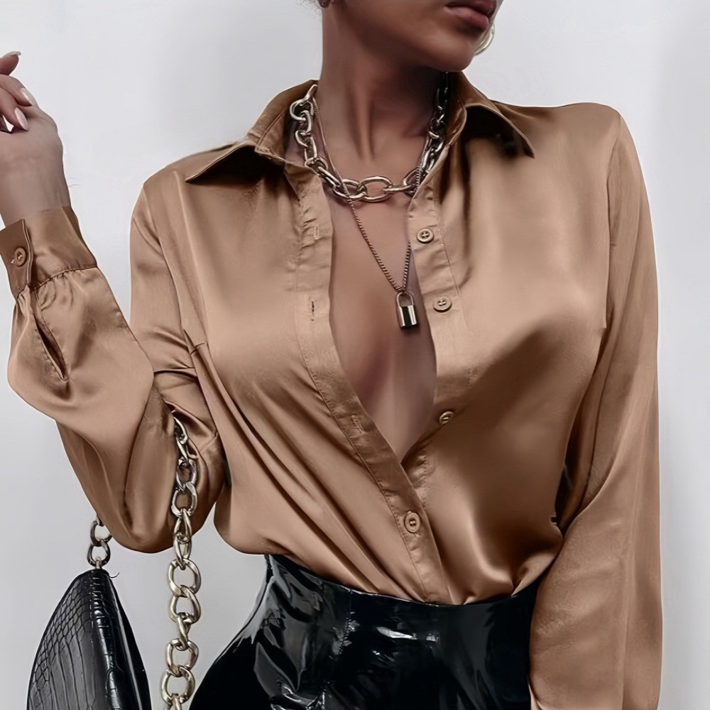    Femmes printemps été Blouses et chemises élégant Satin fausse soie à manches longues chemise décontractée hauts simple boutonnage hauts basiques