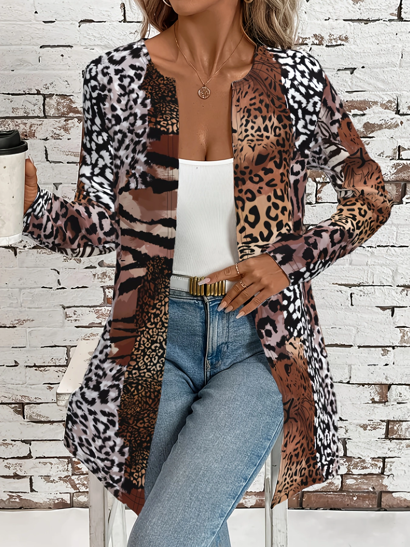 Manteau d'automne et d'hiver pour femmes, design tendance et haut de gamme, imprimé léopard multicolore, col rond long, manteau à manches longues