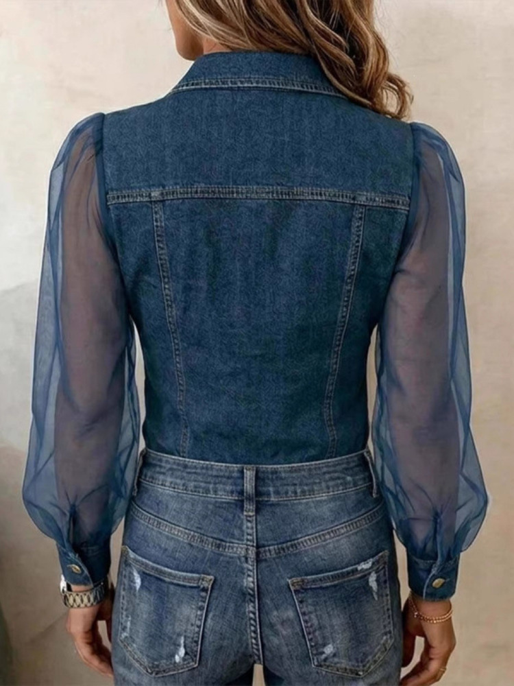SHENGPALAE Chemise Femme en Jean et Maille Patchwork Manches Longues Col V Boutons sur le Devant Poches Poitrine Décontractée Élégante Été 2026 Nouvelle Collection
