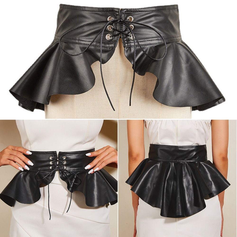 Ceinture corset large en cuir PU pour robe, ceinture amincissante décorative, queue d'hirondelle en couches, joint de taille, ceinture à lacets, noir