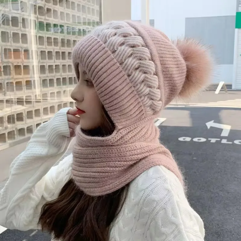 Bonnet et écharpe tout-en-un pour femme, bonnet rembourré pour le cou, protection des oreilles, cheveux de lapin chauds, mignon, résistant au froid, cyclisme, hiver