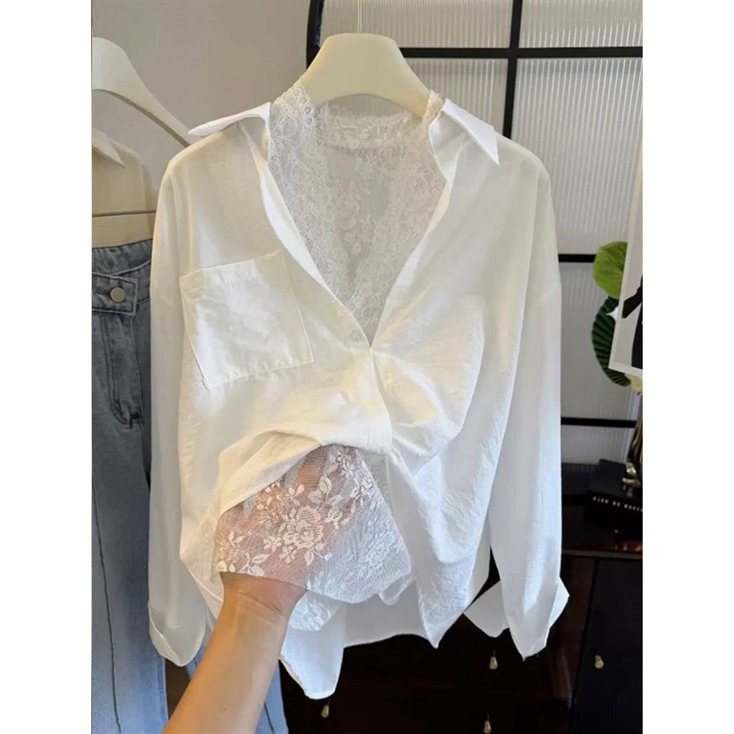 Ensemble deux pièces pour femme : Blouse unie sans manches en dentelle et chemise à manches longues à col rabattu et poches, simple boutonnage, Printemps 2026