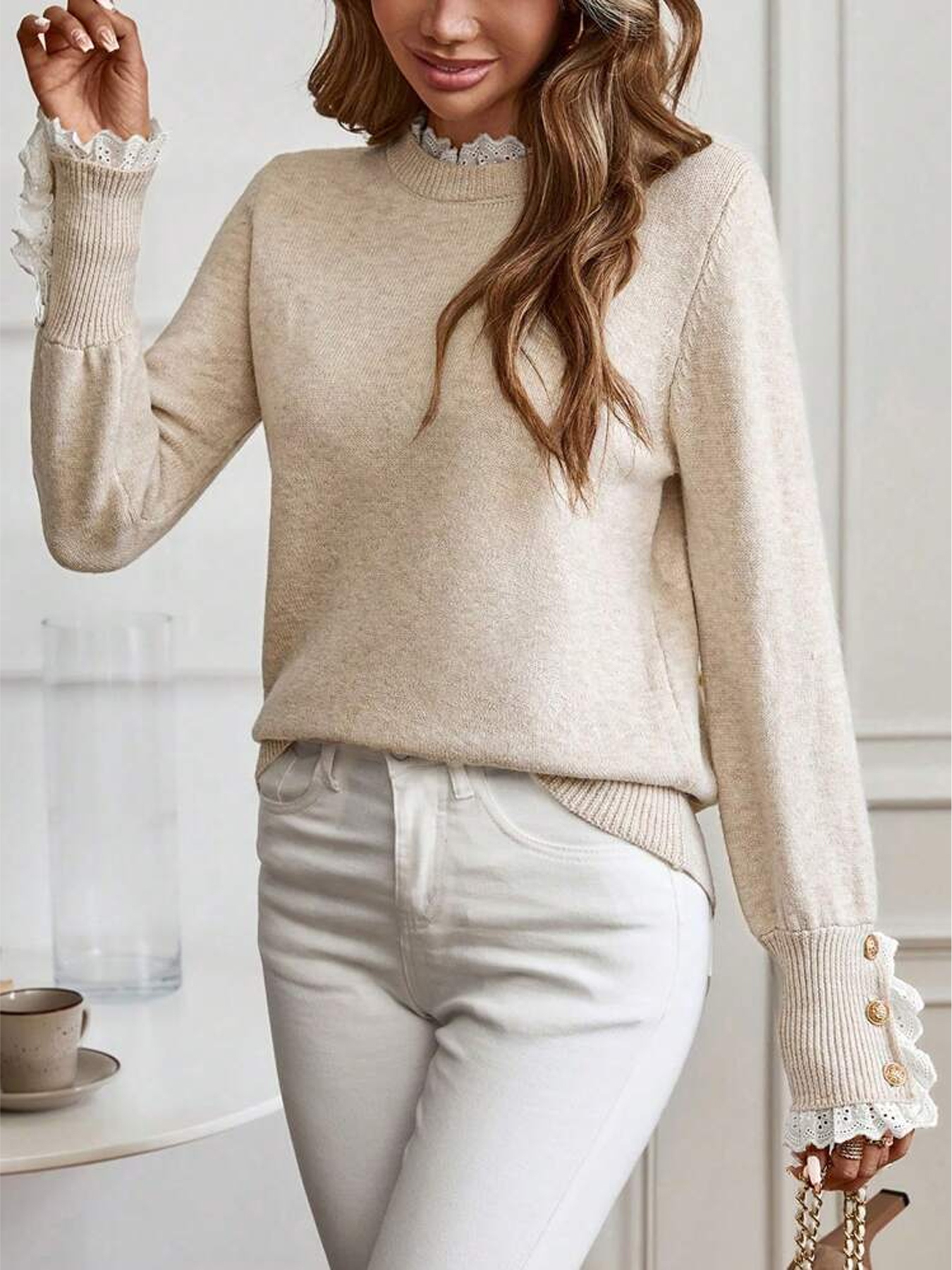 Pull en tricot à manches longues pour femme, décoration en dentelle, col rond, automne-hiver, chaud, tendance, décontracté