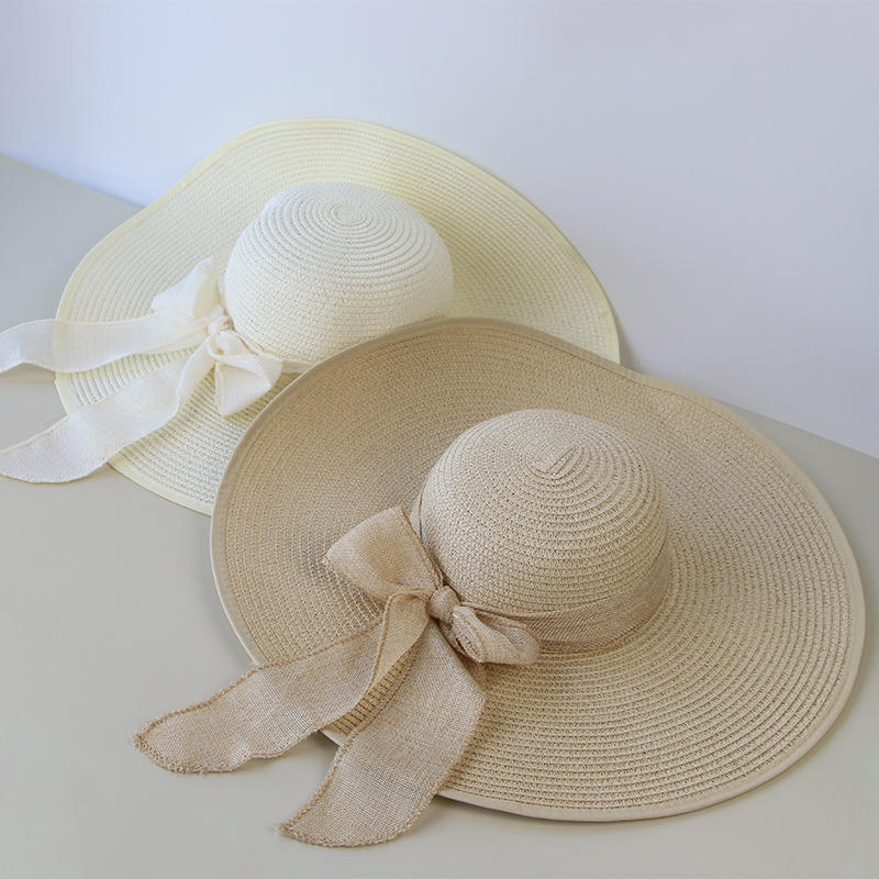 Chapeau de paille d'été pour femme avec nœud, large bord souple, style Panama, pliable, pour la plage et l'extérieur