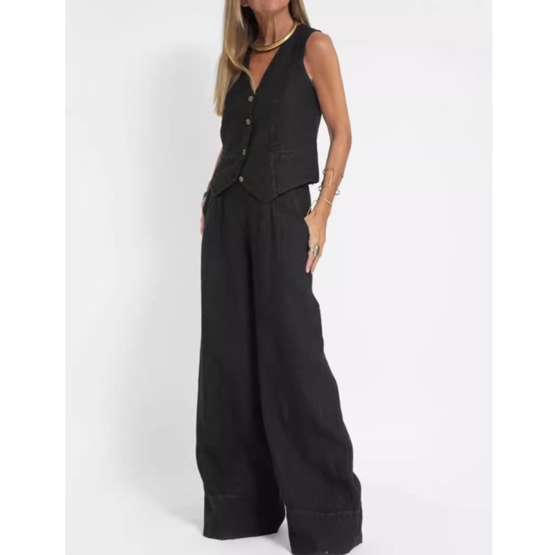 Ensemble 2 pièces en coton et lin pour femmes, couleur unie, gilet à la mode, hauts et pantalons longs, costume Patchwork, tenues décontractées, nouvelle collection été 2025