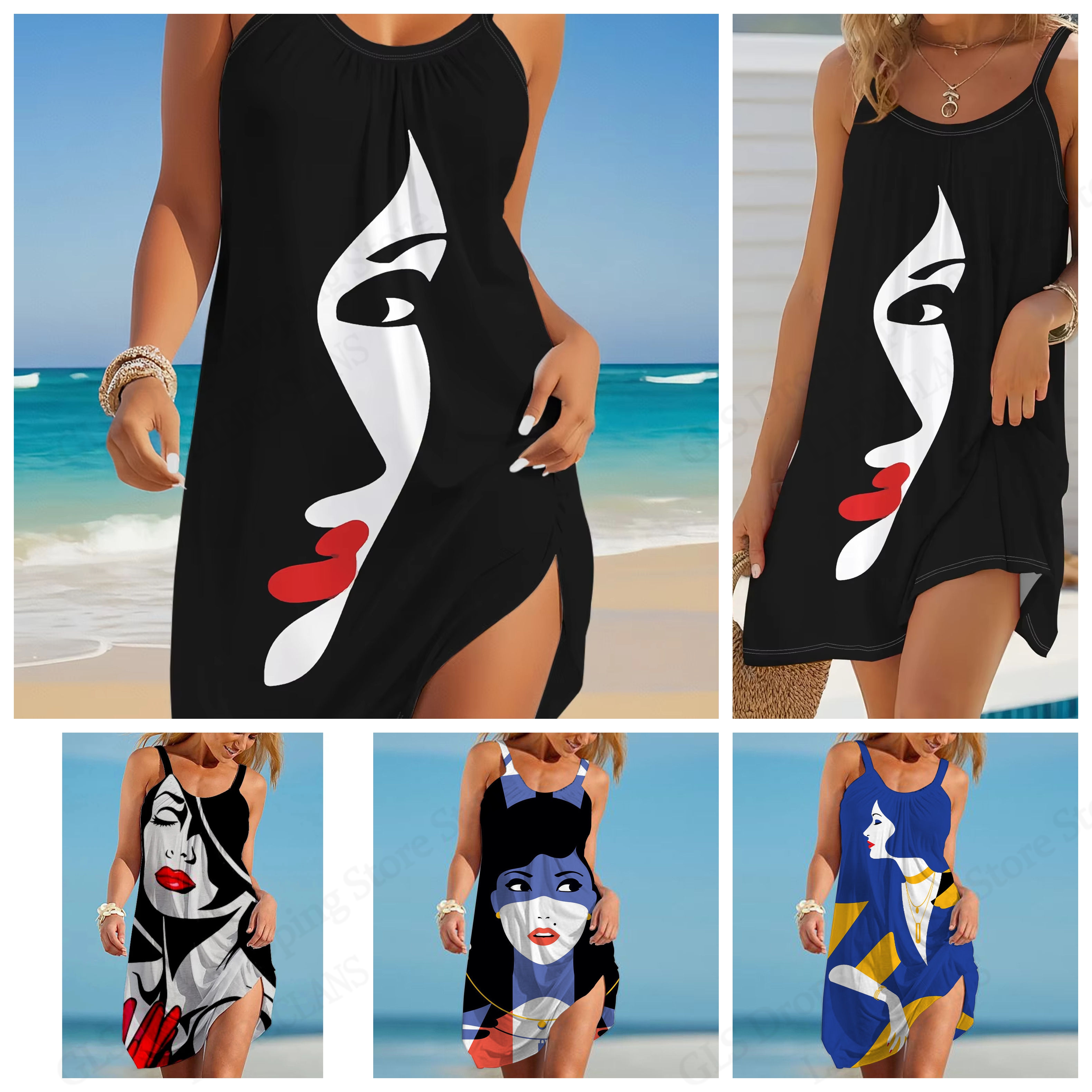 Nouvelle robe africaine à imprimé visage pour femme, mini-robe d'été à fines bretelles, style bohème, sans manches, pour la plage ou les fêtes