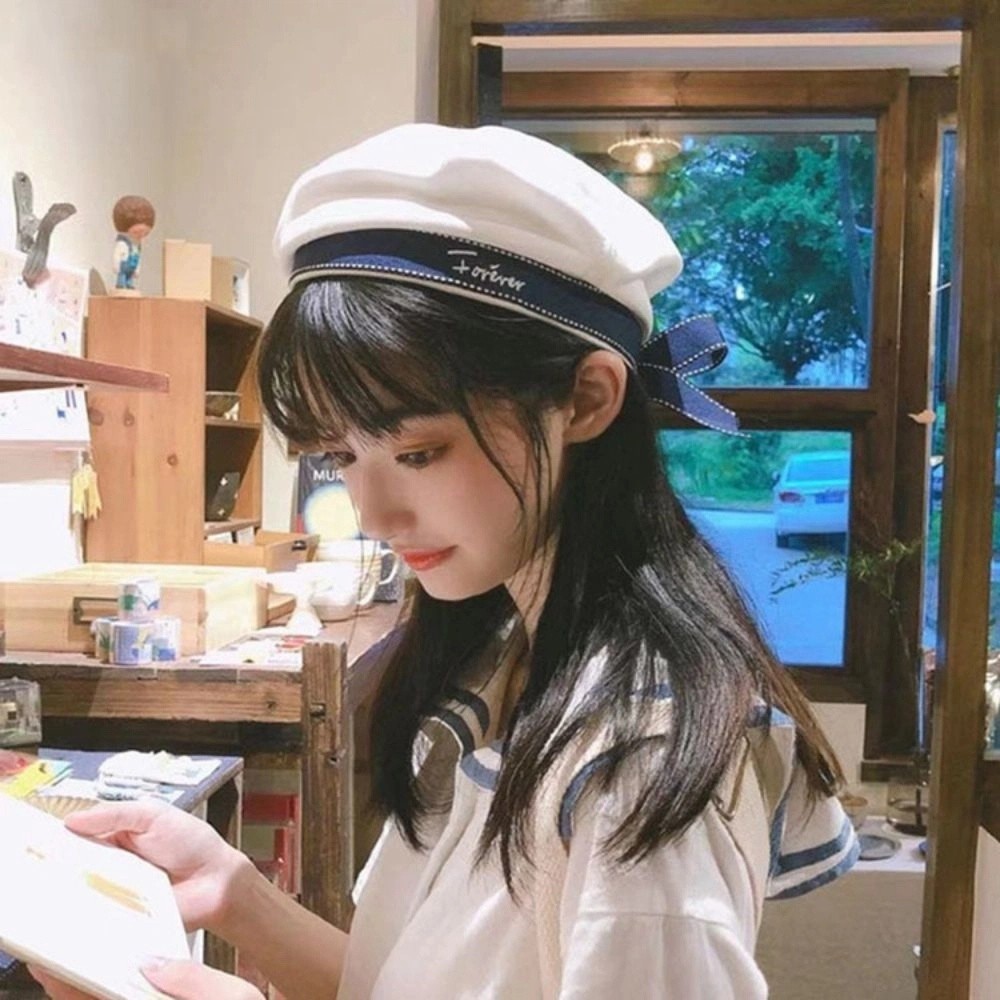 Chapeau de marin blanc tendance style coréen avec nœud, casquette octogonale, casquette uniforme, chapeau de peintre brodé de lettres, plage